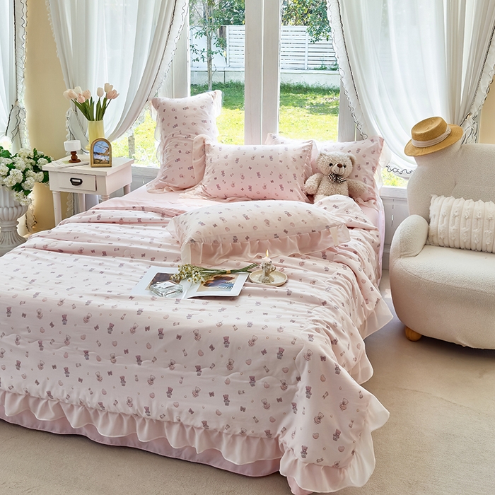 91家纺网 家纺一手货源 找家纺 梦莱斯 2025新款夏被四件套 熊宝宝-粉