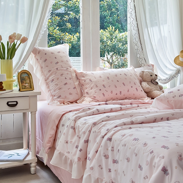 91家纺网 家纺一手货源 找家纺 梦莱斯 2025新款夏被四件套 熊宝宝-粉