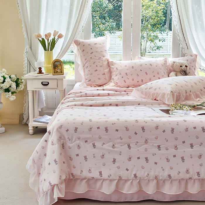 91家纺网 家纺一手货源 找家纺 梦莱斯 2025新款夏被四件套 熊宝宝-粉