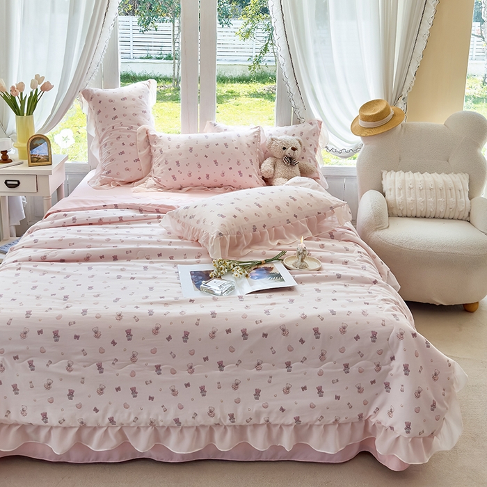 91家纺网 家纺一手货源 找家纺 梦莱斯 2025新款夏被四件套 熊宝宝-粉