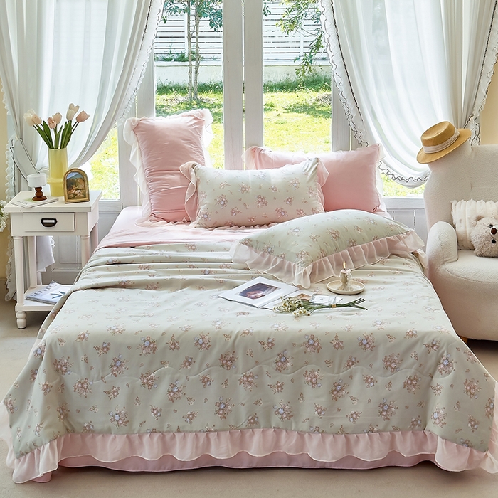 91家纺网 家纺一手货源 找家纺 梦莱斯 2025新款夏被四件套 雪松-绿