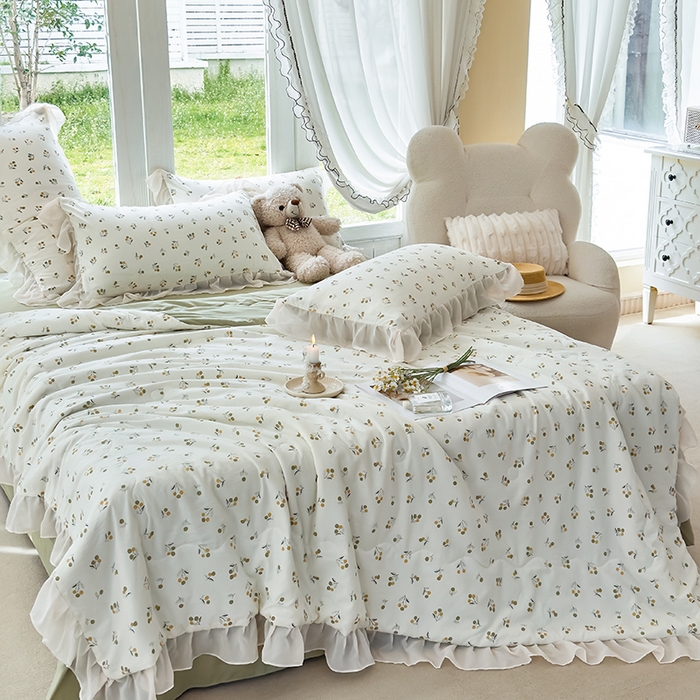 91家纺网 家纺一手货源 找家纺 梦莱斯 2025新款夏被四件套 樱草-绿