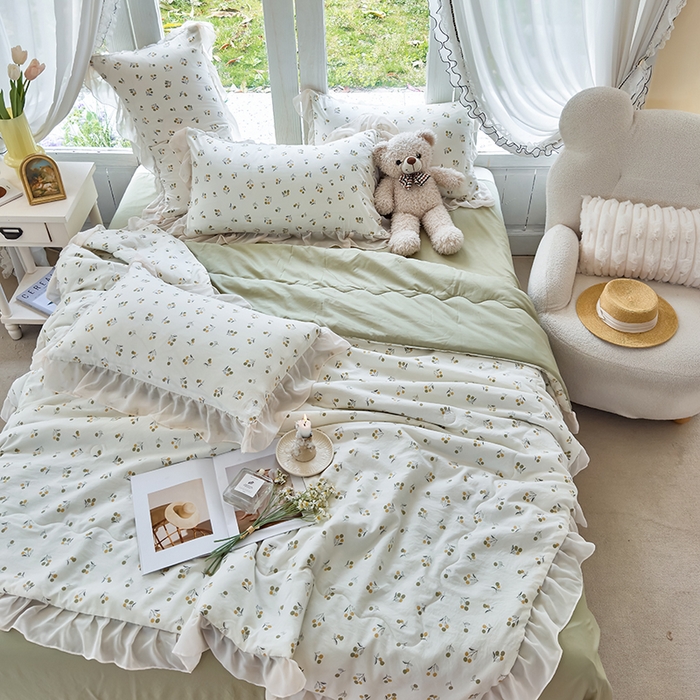 91家纺网 家纺一手货源 找家纺 梦莱斯 2025新款夏被四件套 樱草-绿