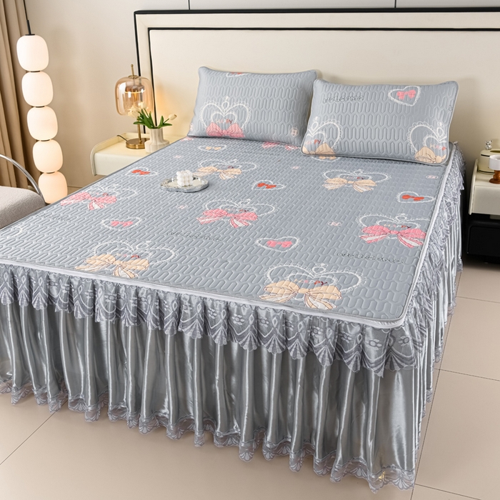 91家纺网 家纺一手货源 找家纺 牵依 2025新款胶质可拆卸床裙凉席席子 爱心蝴蝶结