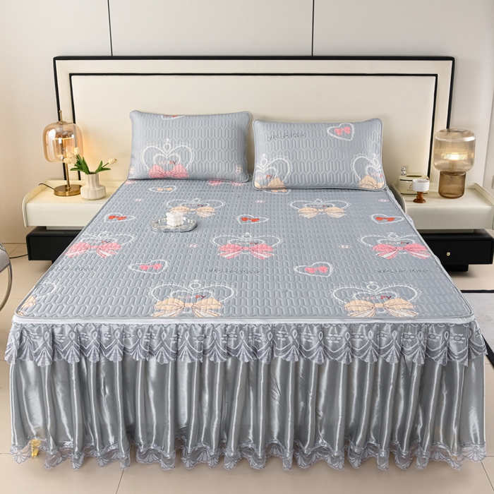 91家纺网 家纺一手货源 找家纺 牵依 2025新款胶质可拆卸床裙凉席席子 爱心蝴蝶结