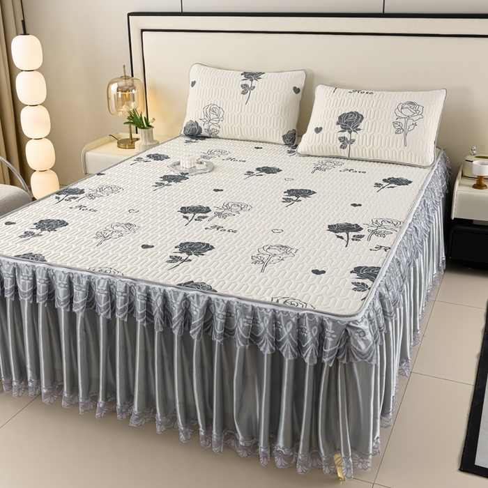 91家纺网 家纺一手货源 找家纺 牵依 2025新款胶质可拆卸床裙凉席席子 玫瑰