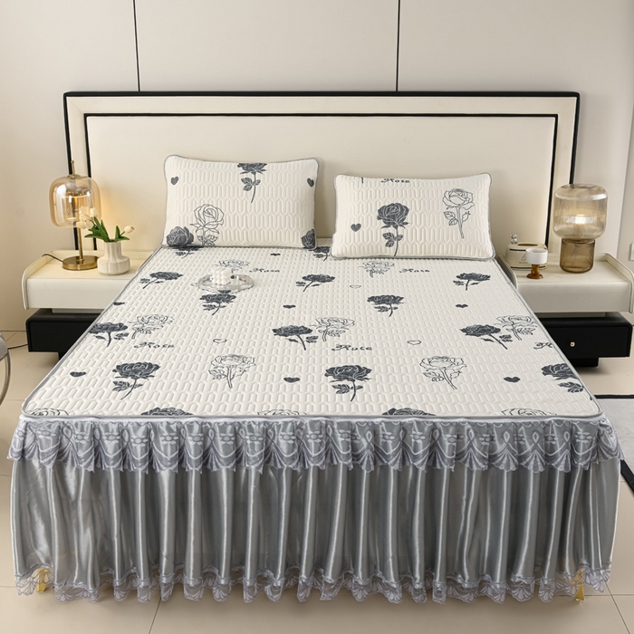 91家纺网 家纺一手货源 找家纺 牵依 2025新款胶质可拆卸床裙凉席席子 玫瑰