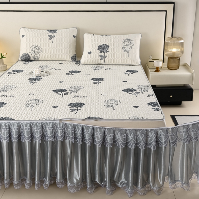 91家纺网 家纺一手货源 找家纺 牵依 2025新款胶质可拆卸床裙凉席席子 玫瑰