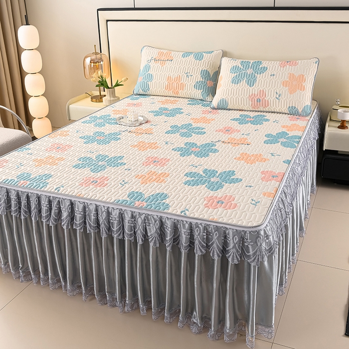 91家纺网 家纺一手货源 找家纺 牵依 2025新款胶质可拆卸床裙凉席席子 夏日如花