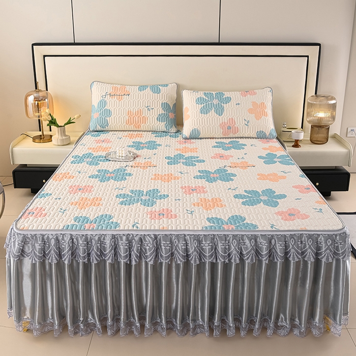 91家纺网 家纺一手货源 找家纺 牵依 2025新款胶质可拆卸床裙凉席席子 夏日如花