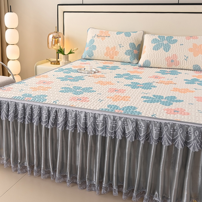 91家纺网 家纺一手货源 找家纺 牵依 2025新款胶质可拆卸床裙凉席席子 夏日如花