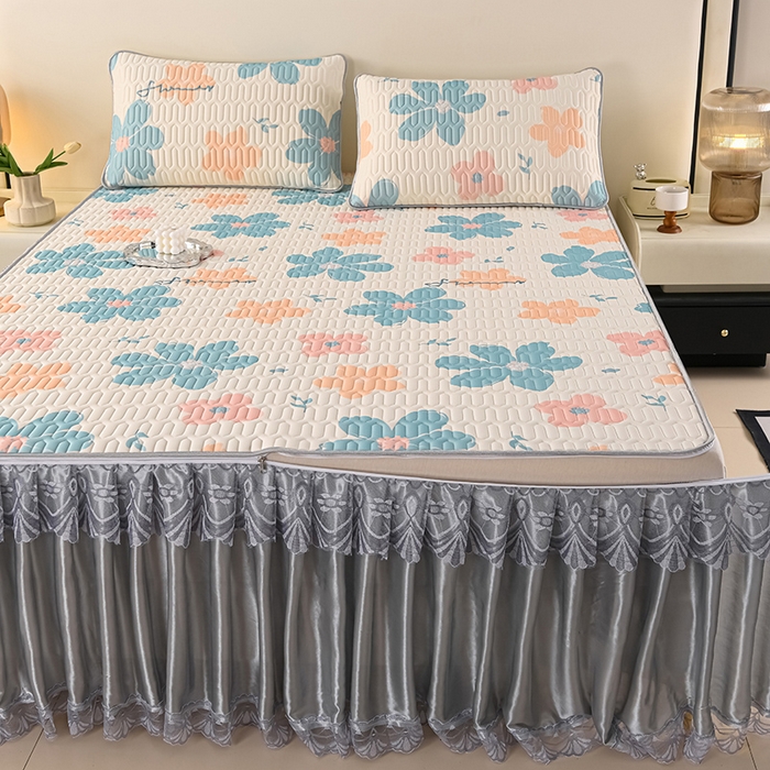 91家纺网 家纺一手货源 找家纺 牵依 2025新款胶质可拆卸床裙凉席席子 夏日如花