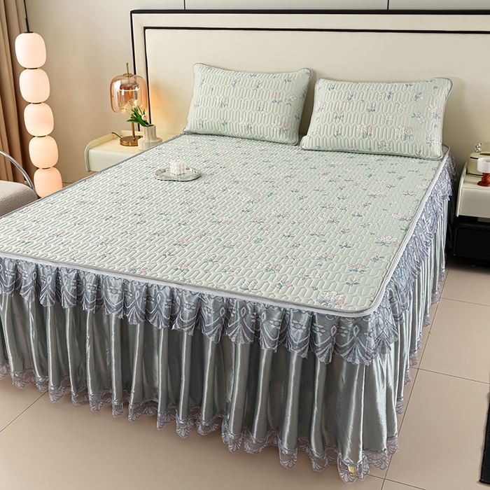 91家纺网 家纺一手货源 找家纺 牵依 2025新款胶质可拆卸床裙凉席席子 小花绿