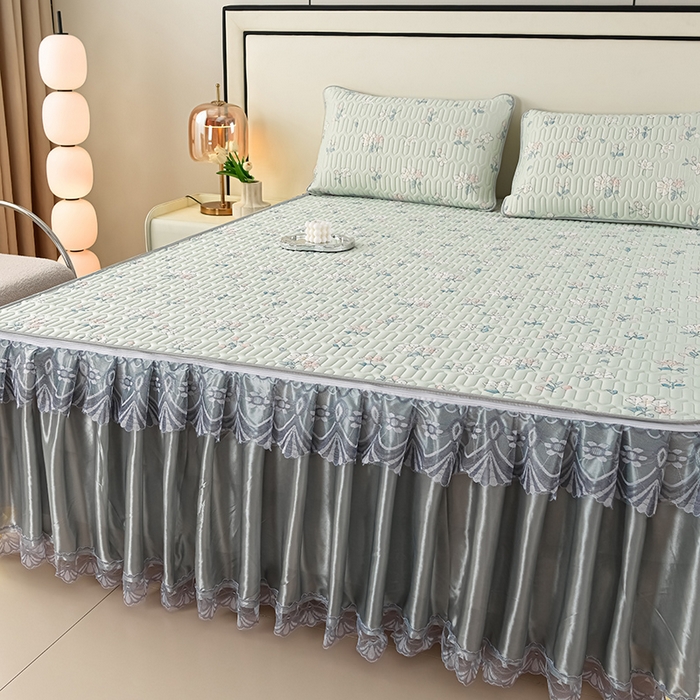 91家纺网 家纺一手货源 找家纺 牵依 2025新款胶质可拆卸床裙凉席席子 小花绿