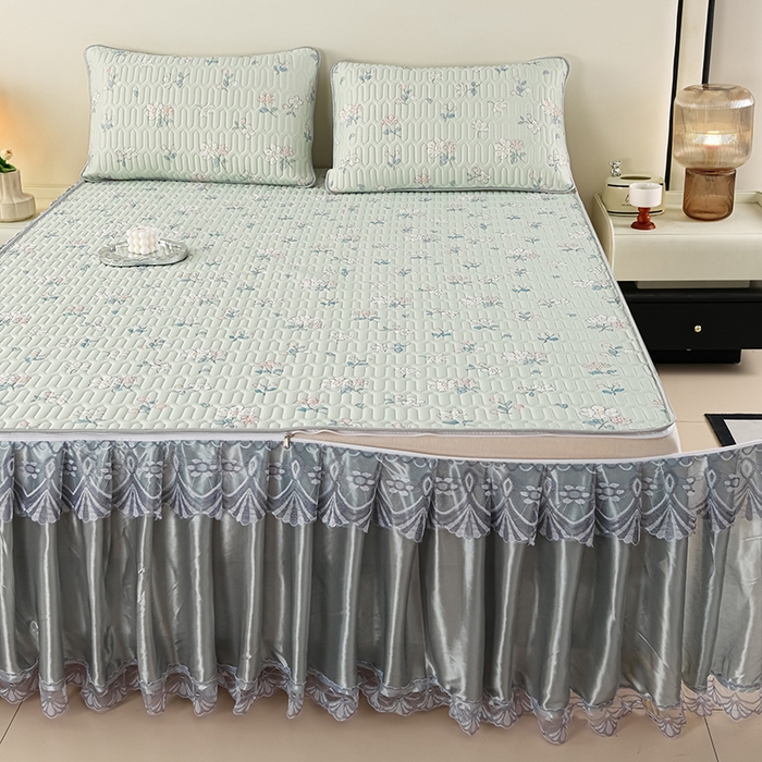 91家纺网 家纺一手货源 找家纺 牵依 2025新款胶质可拆卸床裙凉席席子 小花绿