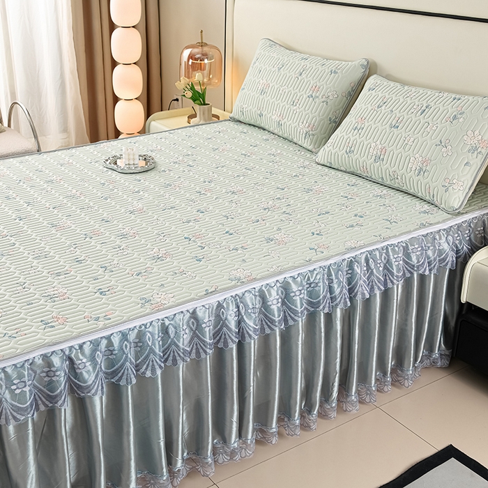 91家纺网 家纺一手货源 找家纺 牵依 2025新款胶质可拆卸床裙凉席席子 小花绿