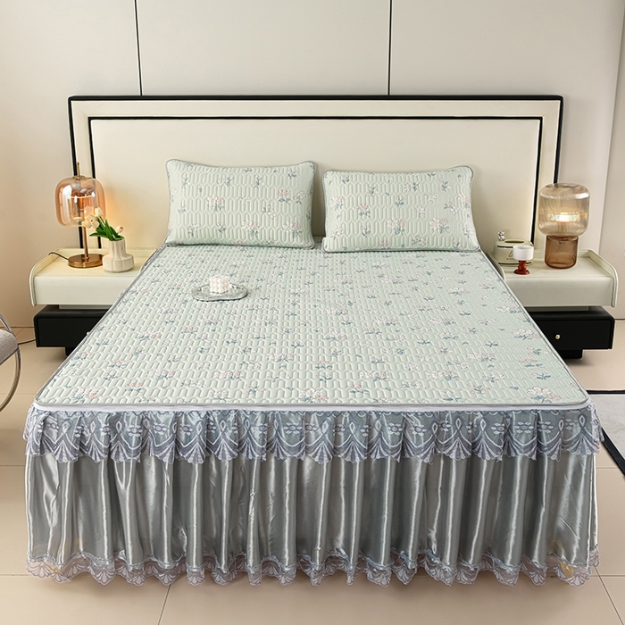 91家纺网 家纺一手货源 找家纺 牵依 2025新款胶质可拆卸床裙凉席席子 小花绿