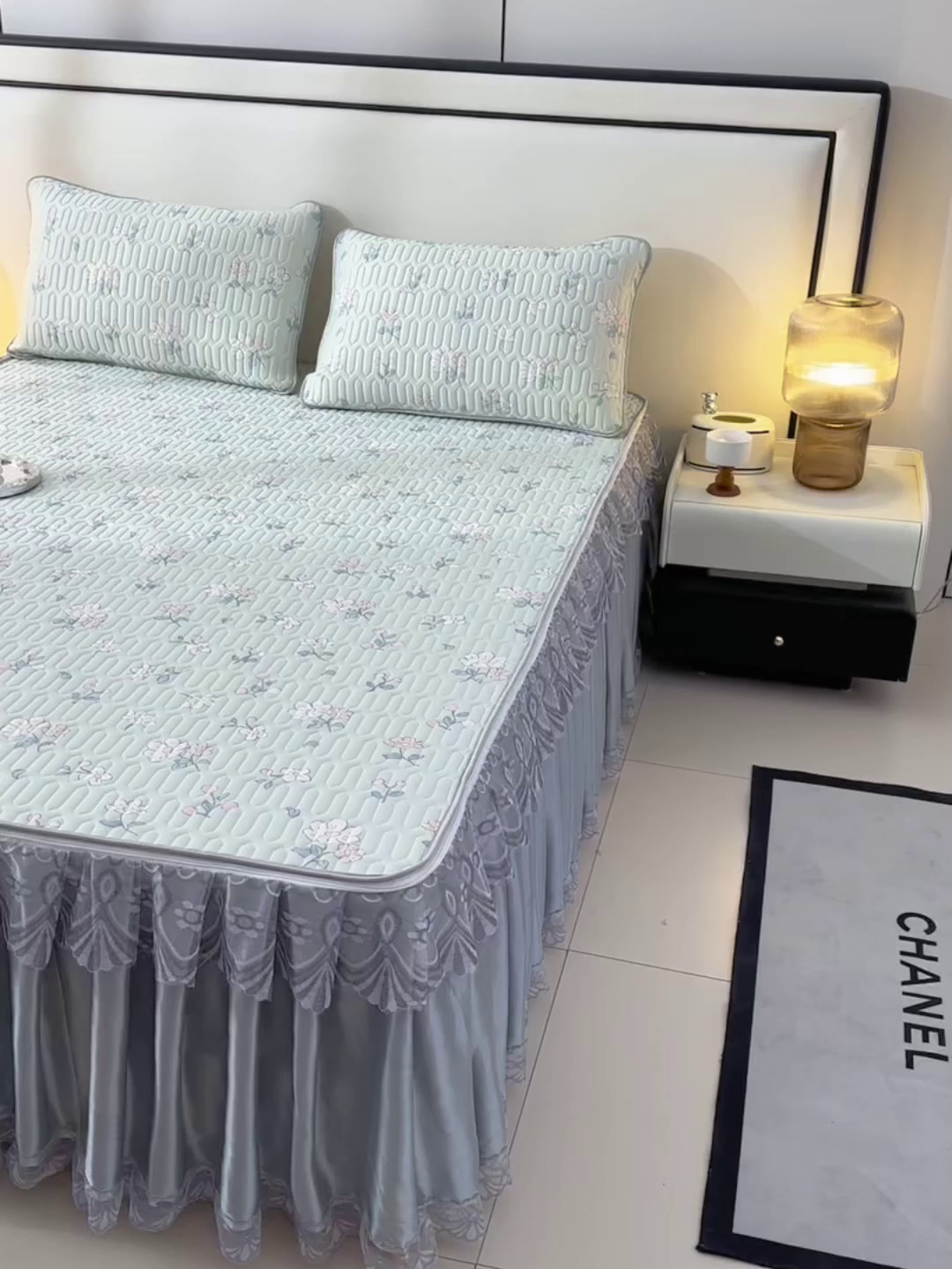 91家纺网 家纺一手货源 找家纺 牵依 2025新款胶质可拆卸床裙凉席席子 小花绿