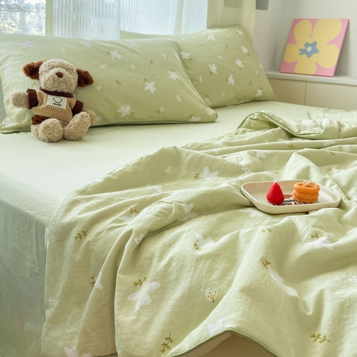 91家纺网 家纺一手货源 找家纺 慕尚家纺 2025新款全棉纯棉双层纱夏被夏凉被空调被四件套 蝶雅绿