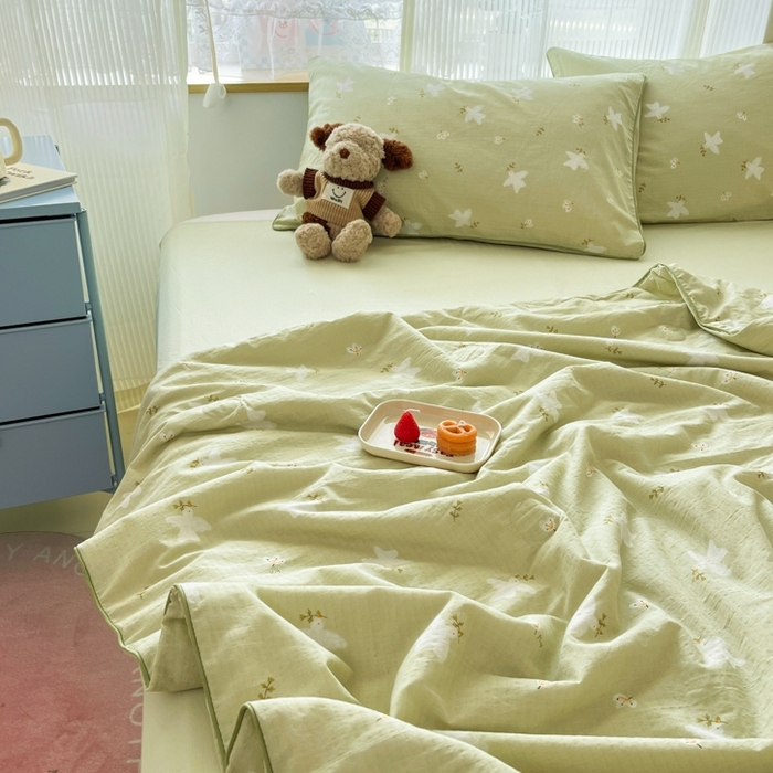 91家纺网 家纺一手货源 找家纺 慕尚家纺 2025新款全棉纯棉双层纱夏被夏凉被空调被四件套 蝶雅绿