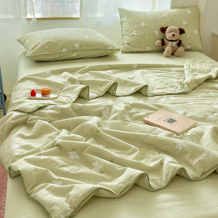 91家纺网 家纺一手货源 找家纺 慕尚家纺 2025新款全棉纯棉双层纱夏被夏凉被空调被四件套 蝶雅绿