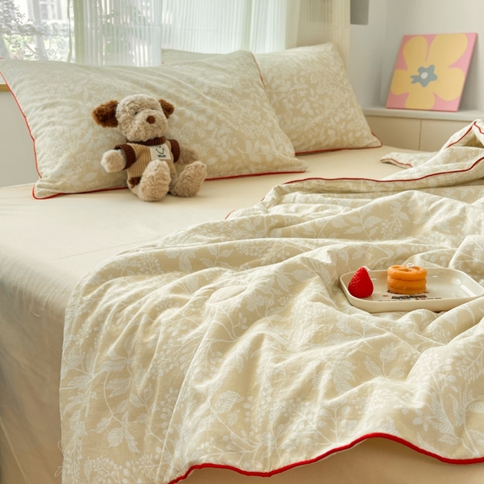 91家纺网 家纺一手货源 找家纺 慕尚家纺 2025新款全棉纯棉双层纱夏被夏凉被空调被四件套 山茶-米黄
