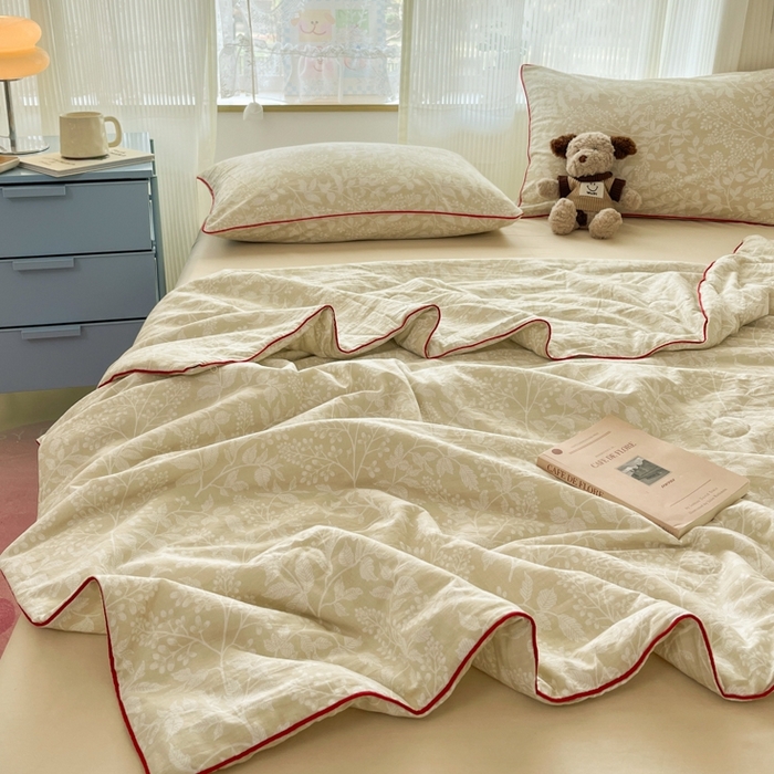 91家纺网 家纺一手货源 找家纺 慕尚家纺 2025新款全棉纯棉双层纱夏被夏凉被空调被四件套 山茶-米黄