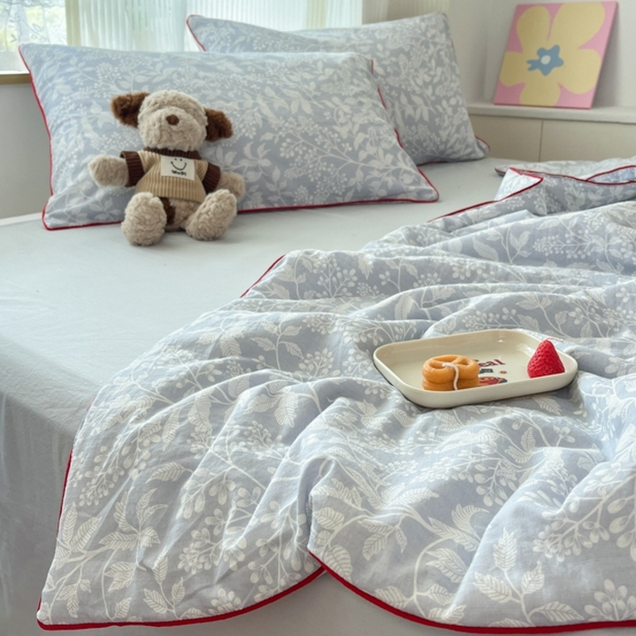 91家纺网 家纺一手货源 找家纺 慕尚家纺 2025新款全棉纯棉双层纱夏被夏凉被空调被四件套 山茶-灰蓝