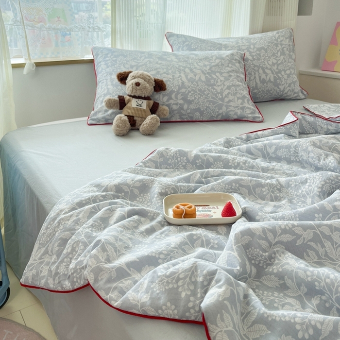 91家纺网 家纺一手货源 找家纺 慕尚家纺 2025新款全棉纯棉双层纱夏被夏凉被空调被四件套 山茶-灰蓝