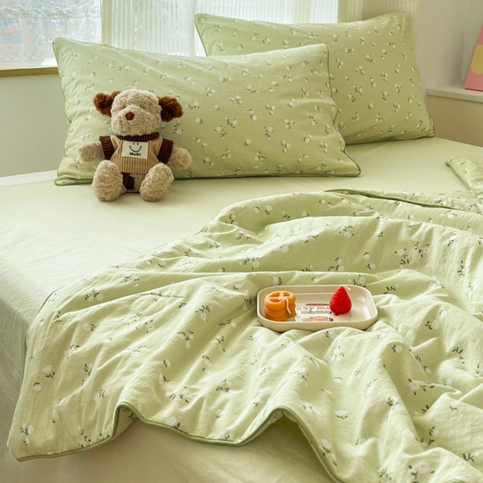 91家纺网 家纺一手货源 找家纺 慕尚家纺 2025新款全棉纯棉双层纱夏被夏凉被空调被四件套 樱花绿