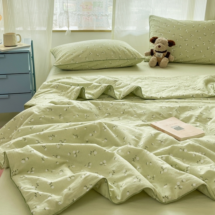 91家纺网 家纺一手货源 找家纺 慕尚家纺 2025新款全棉纯棉双层纱夏被夏凉被空调被四件套 樱花绿