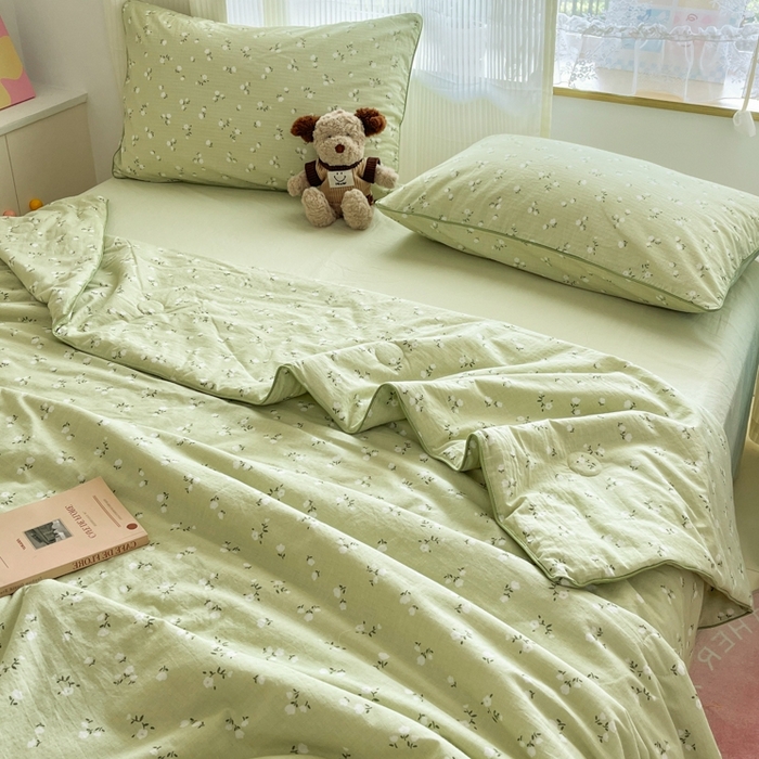 91家纺网 家纺一手货源 找家纺 慕尚家纺 2025新款全棉纯棉双层纱夏被夏凉被空调被四件套 樱花绿
