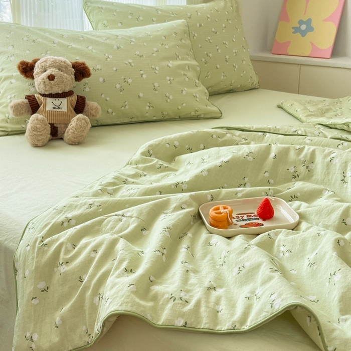 91家纺网 家纺一手货源 找家纺 慕尚家纺 2025新款全棉纯棉双层纱夏被夏凉被空调被四件套 樱花绿