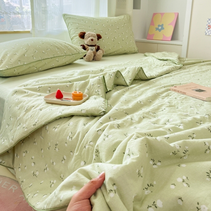 91家纺网 家纺一手货源 找家纺 慕尚家纺 2025新款全棉纯棉双层纱夏被夏凉被空调被四件套 樱花绿