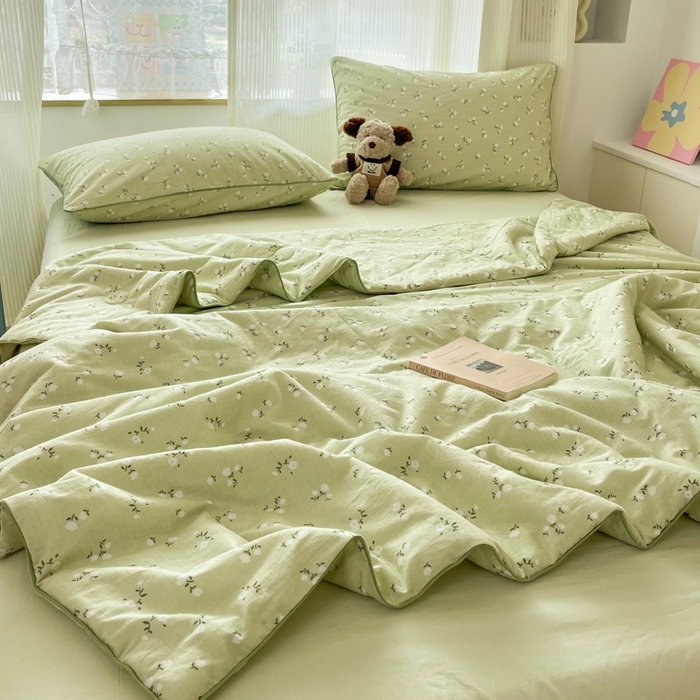 91家纺网 家纺一手货源 找家纺 慕尚家纺 2025新款全棉纯棉双层纱夏被夏凉被空调被四件套 樱花绿