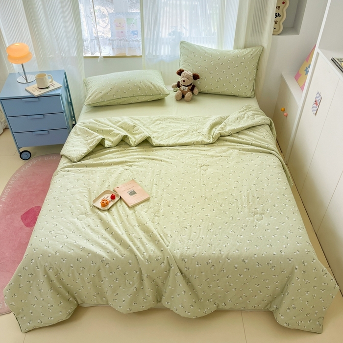 91家纺网 家纺一手货源 找家纺 慕尚家纺 2025新款全棉纯棉双层纱夏被夏凉被空调被四件套 樱花绿