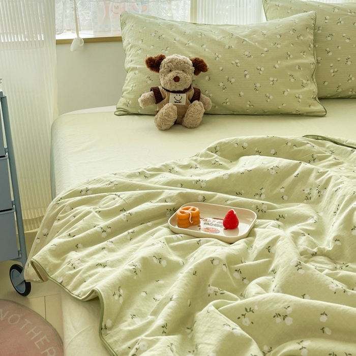 91家纺网 家纺一手货源 找家纺 慕尚家纺 2025新款全棉纯棉双层纱夏被夏凉被空调被四件套 樱花绿