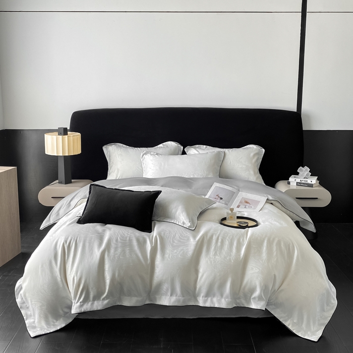 91家纺网 家纺一手货源 找家纺 爱彼家纺 2025夏季新款高端水洗冰丝提花四件套 知夏珍珠白+灰