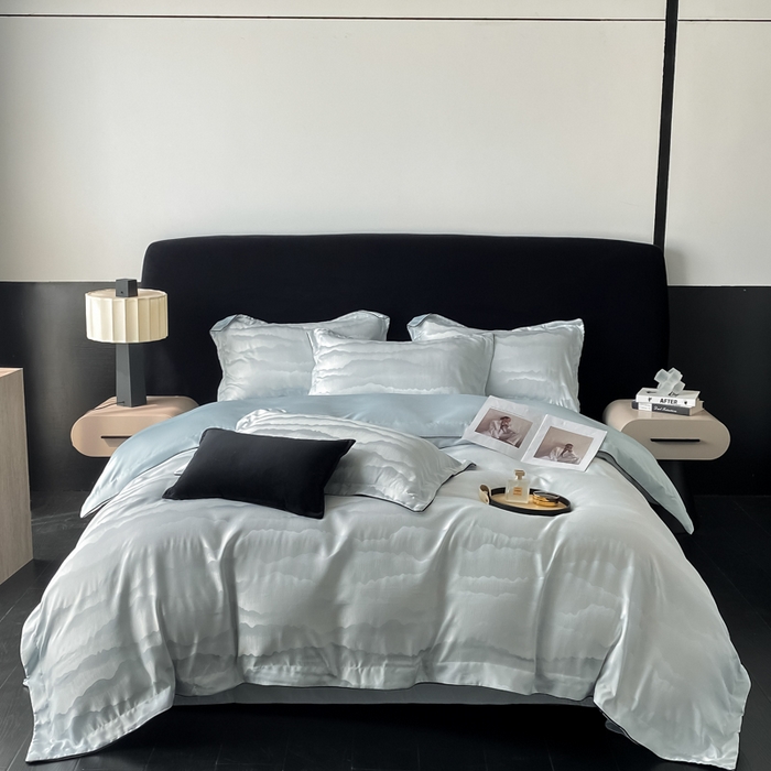 爱彼家纺 2025夏季新款高端水洗冰丝提花四件套 山水画烟波蓝