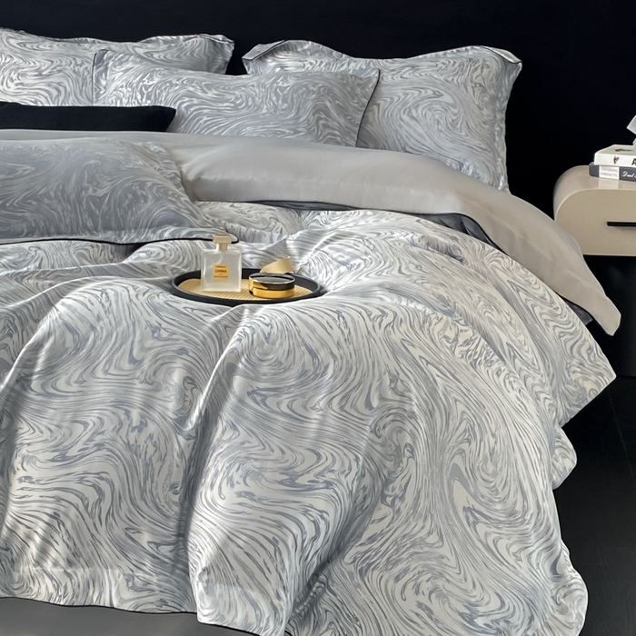 91家纺网 家纺一手货源 找家纺 爱彼家纺 2025夏季新款高端水洗冰丝提花四件套 知夏轻奢灰