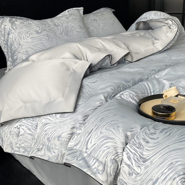 91家纺网 家纺一手货源 找家纺 爱彼家纺 2025夏季新款高端水洗冰丝提花四件套 知夏轻奢灰