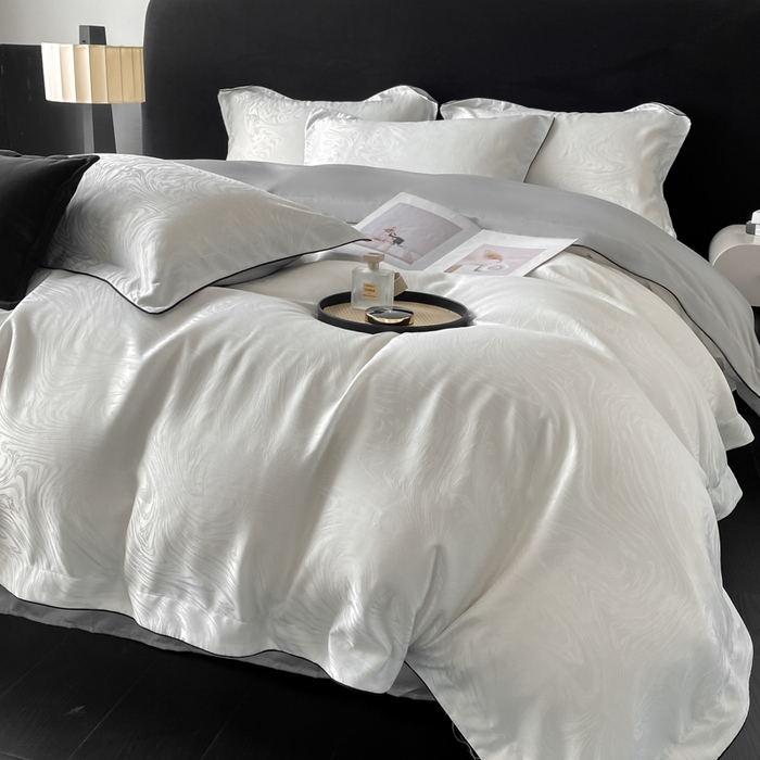 91家纺网 家纺一手货源 找家纺 爱彼家纺 2025夏季新款高端水洗冰丝提花四件套 知夏珍珠白+灰