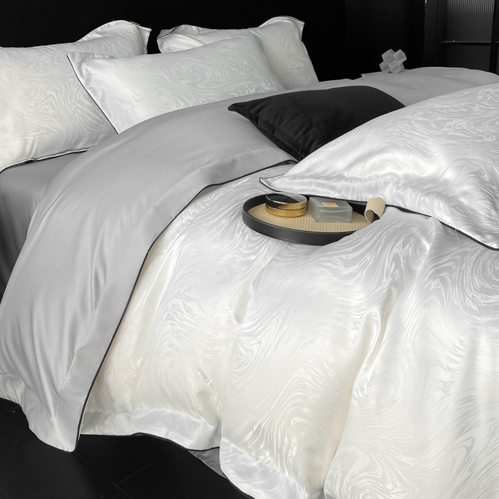 91家纺网 家纺一手货源 找家纺 爱彼家纺 2025夏季新款高端水洗冰丝提花四件套 知夏珍珠白+灰