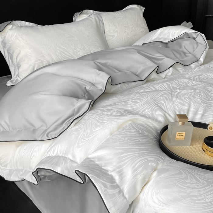 91家纺网 家纺一手货源 找家纺 爱彼家纺 2025夏季新款高端水洗冰丝提花四件套 知夏珍珠白+灰