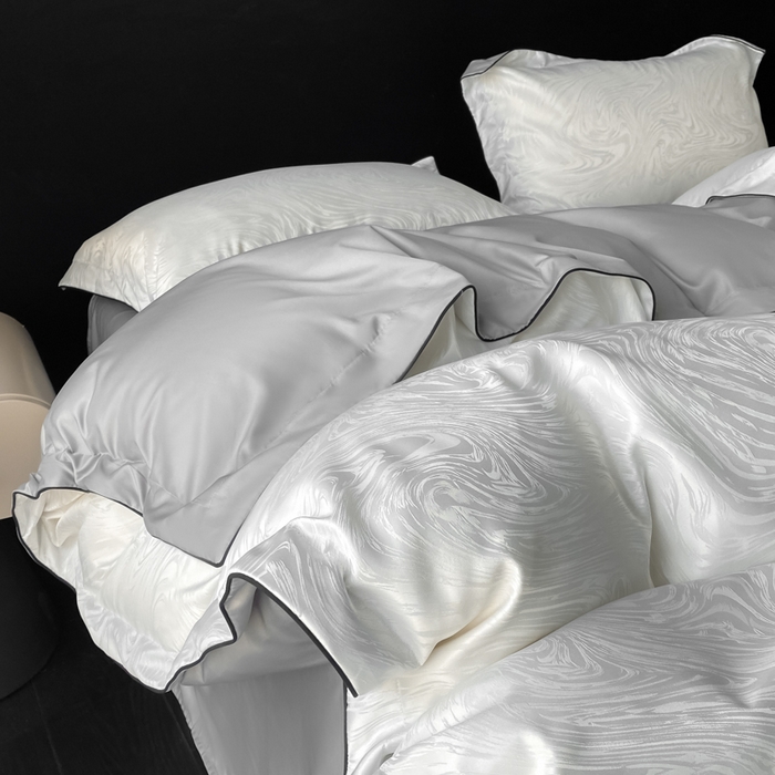 91家纺网 家纺一手货源 找家纺 爱彼家纺 2025夏季新款高端水洗冰丝提花四件套 知夏珍珠白+灰