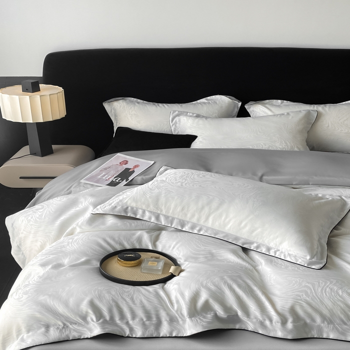 91家纺网 家纺一手货源 找家纺 爱彼家纺 2025夏季新款高端水洗冰丝提花四件套 知夏珍珠白+灰