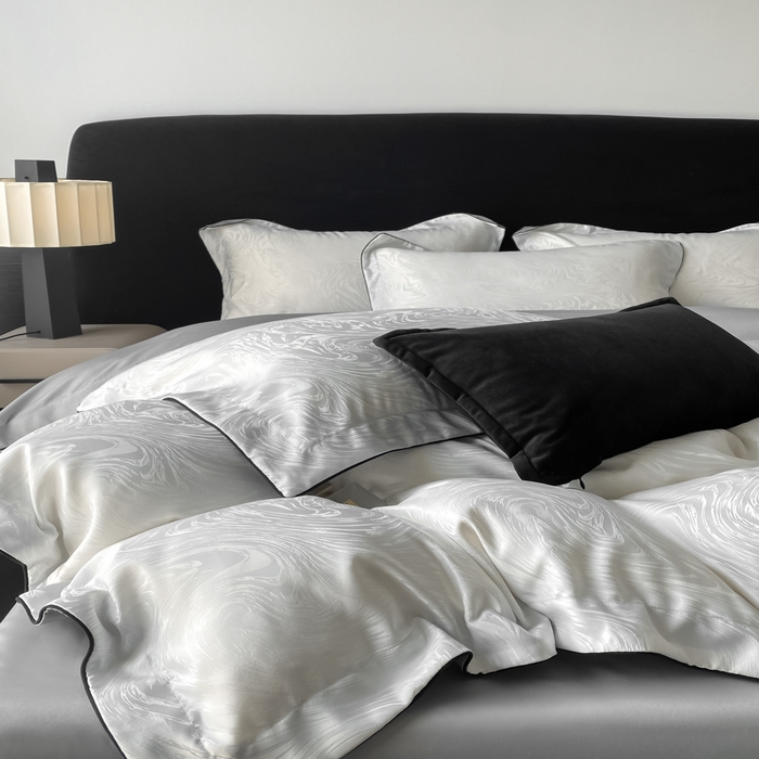 91家纺网 家纺一手货源 找家纺 爱彼家纺 2025夏季新款高端水洗冰丝提花四件套 知夏珍珠白+灰