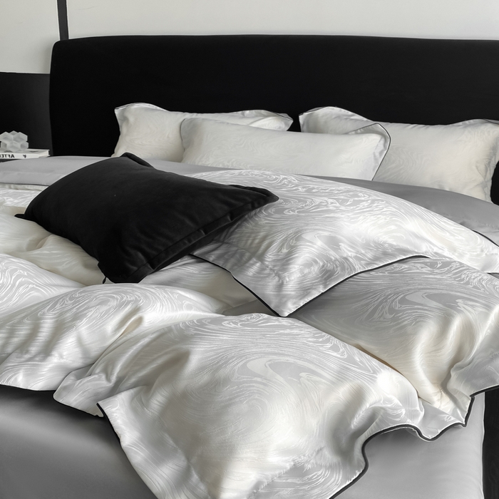 91家纺网 家纺一手货源 找家纺 爱彼家纺 2025夏季新款高端水洗冰丝提花四件套 知夏珍珠白+灰