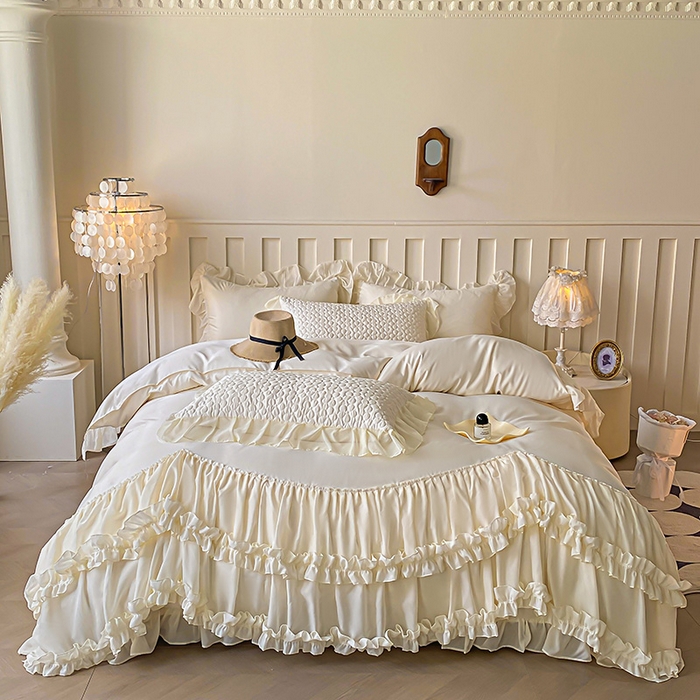 花香四季家纺 2025新款天丝棉床裙款四件套-倾城 倾城-白