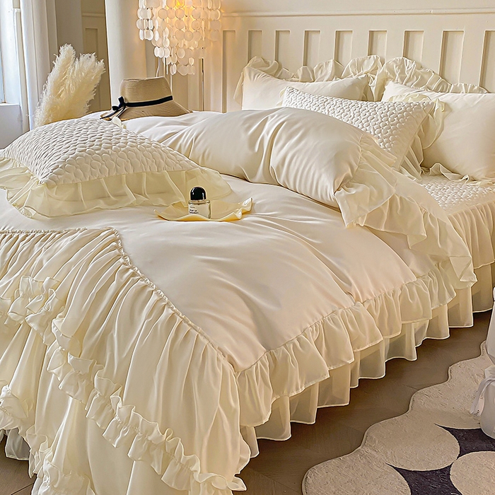 91家纺网 家纺一手货源 找家纺 花香四季家纺 2025新款天丝棉床裙款四件套-倾城 倾城-白